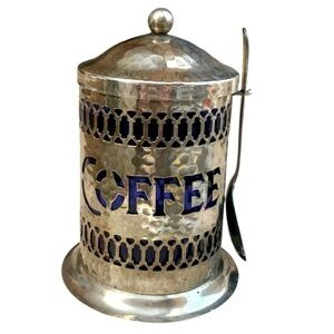 C🌺VINTAGE SHEFFIELD ENGLAND SILVER PLATED COBALT LIDDED COFFEE CANISTER + SPOON